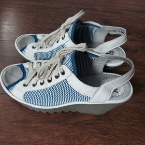 Fly London Women's Yedu Wedge Sandals Size 38 European, 7.5/8 US, White/Blue, GC